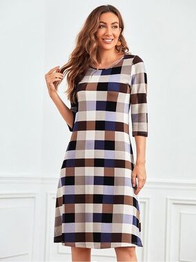 (A7) NWOT Emery Rose Multicolor Plaid A-Line Dress S | 3/4 Sleeve Modest Casual